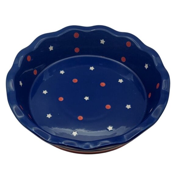 Temp-Tations By Tara Stars & Stripes 9" Pie Plate Dish Red White & Blue Ovenware - Picture 2 of 5